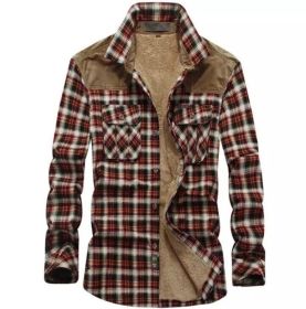 Men's Casual Long Sleeve Fleece Sherpa Flannel Plaid Shirt (Color: Red)