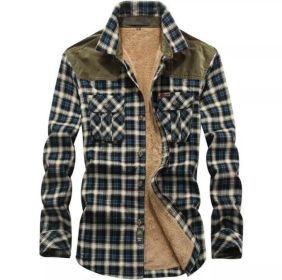 Men's Casual Long Sleeve Fleece Sherpa Flannel Plaid Shirt (Color: Green)
